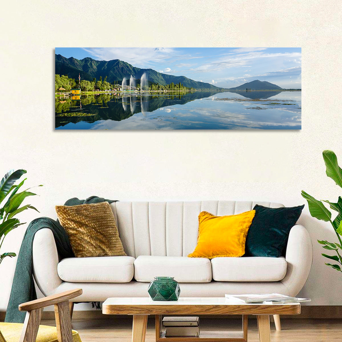 Dal Lake Reflections, Srinagar Wall Art in a room, panoramic