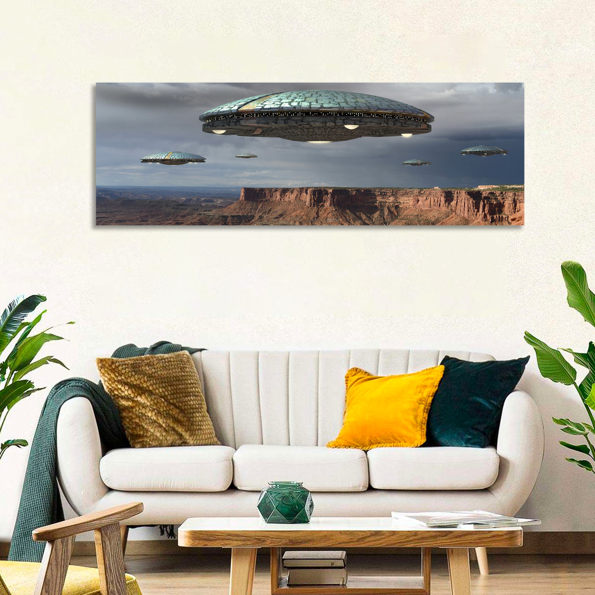 Ufos Over Stormy Canyon Wall Art in a room, panoramic