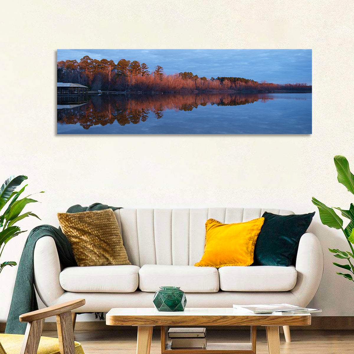 Lake Livingston Pier at Golden Hour Wall Art in a room, panoramic