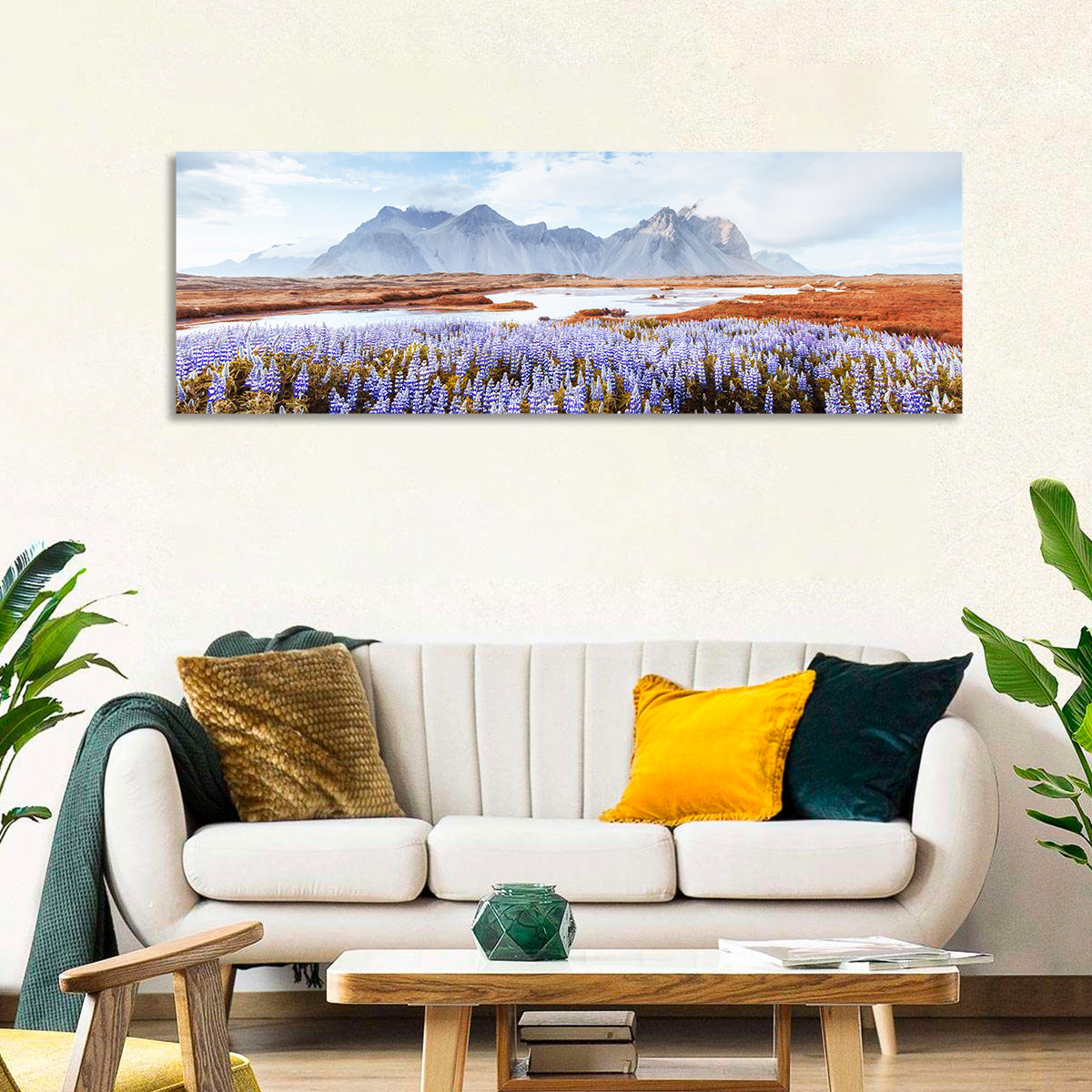 Lupine Fields at Vestrahorn Wall Art in a room, panoramic