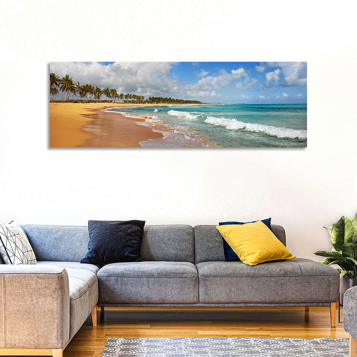 Palm Lined Tropical Coast Wall Art in a room, panoramic