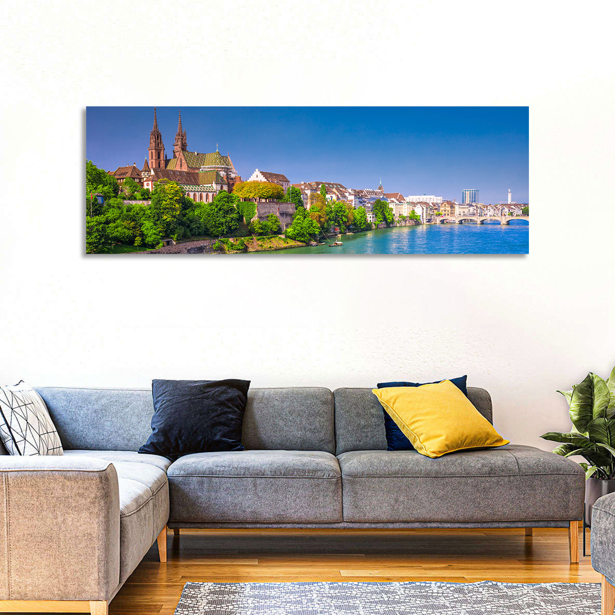 Basel Old City Riverside Wall Art in a room, panoramic