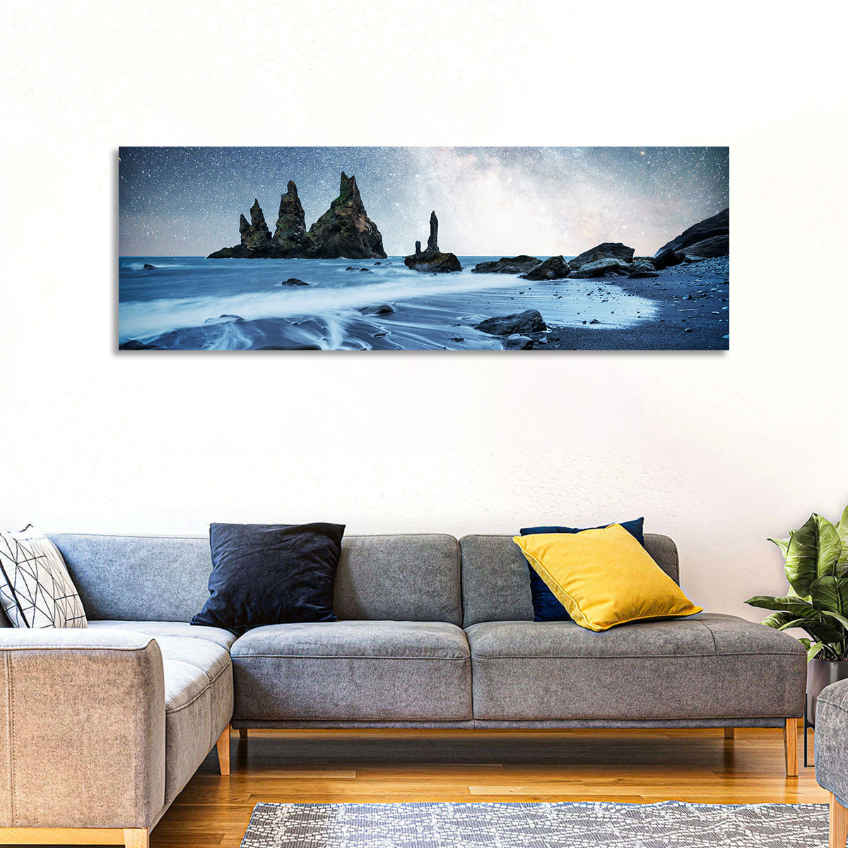 Reynisdrangar Sea Stacks Night Wall Art in a room, panoramic