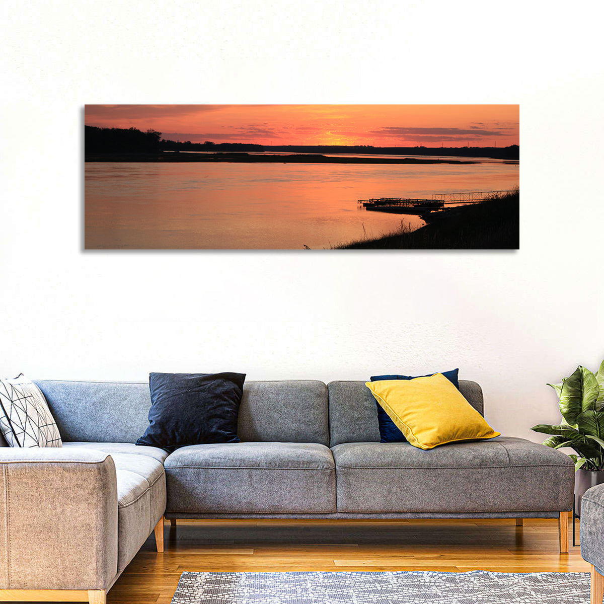 Missouri River Sunset at Dusk Wall Art in a room, panoramic
