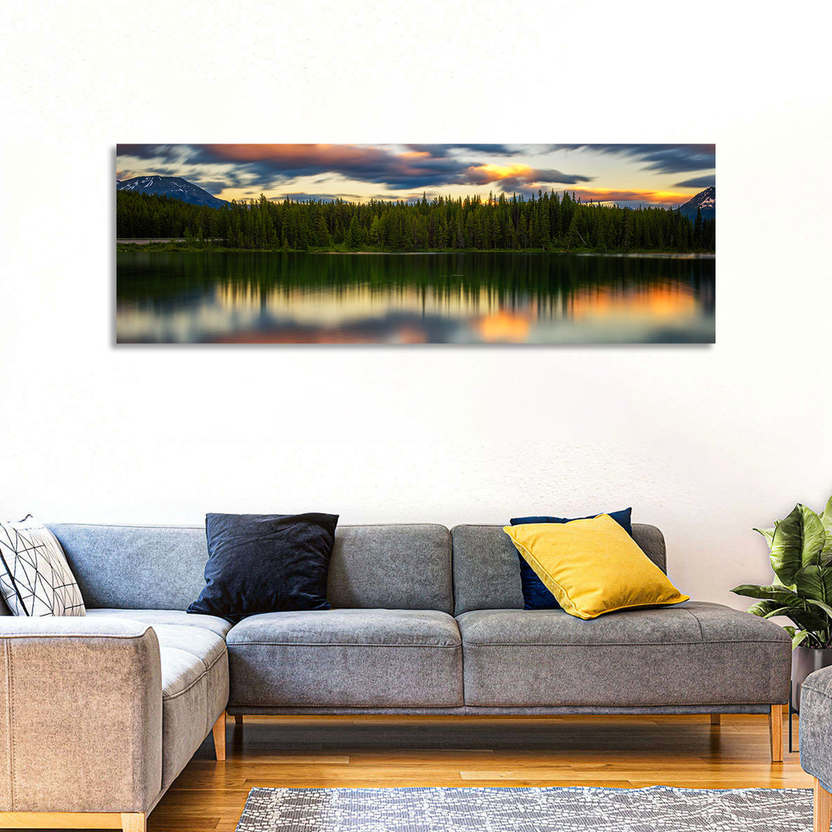 Herbert Lake Sunset Reflection Wall Art in a room, panoramic