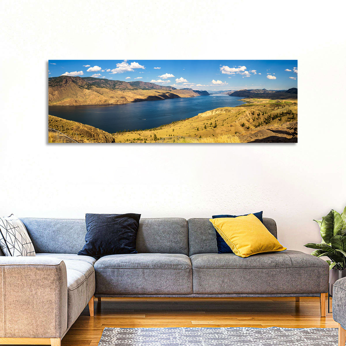 Golden Grass at Kamloops Lake Wall Art in a room, panoramic