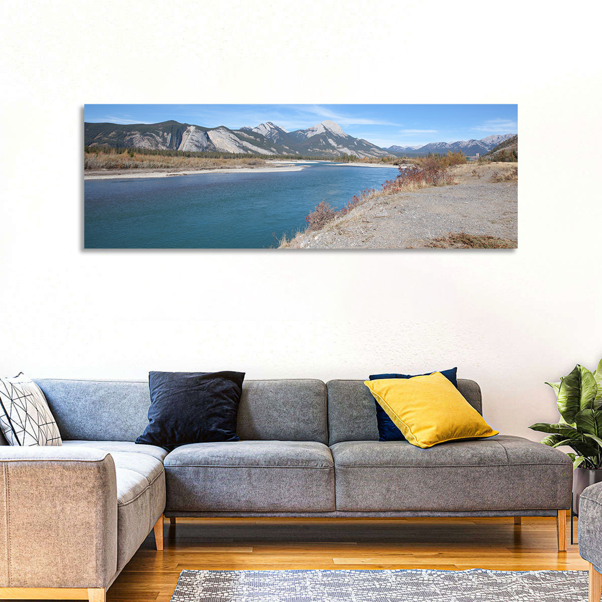 Mount Aeolus Over Athabasca Riverbank Wall Art in a room, panoramic
