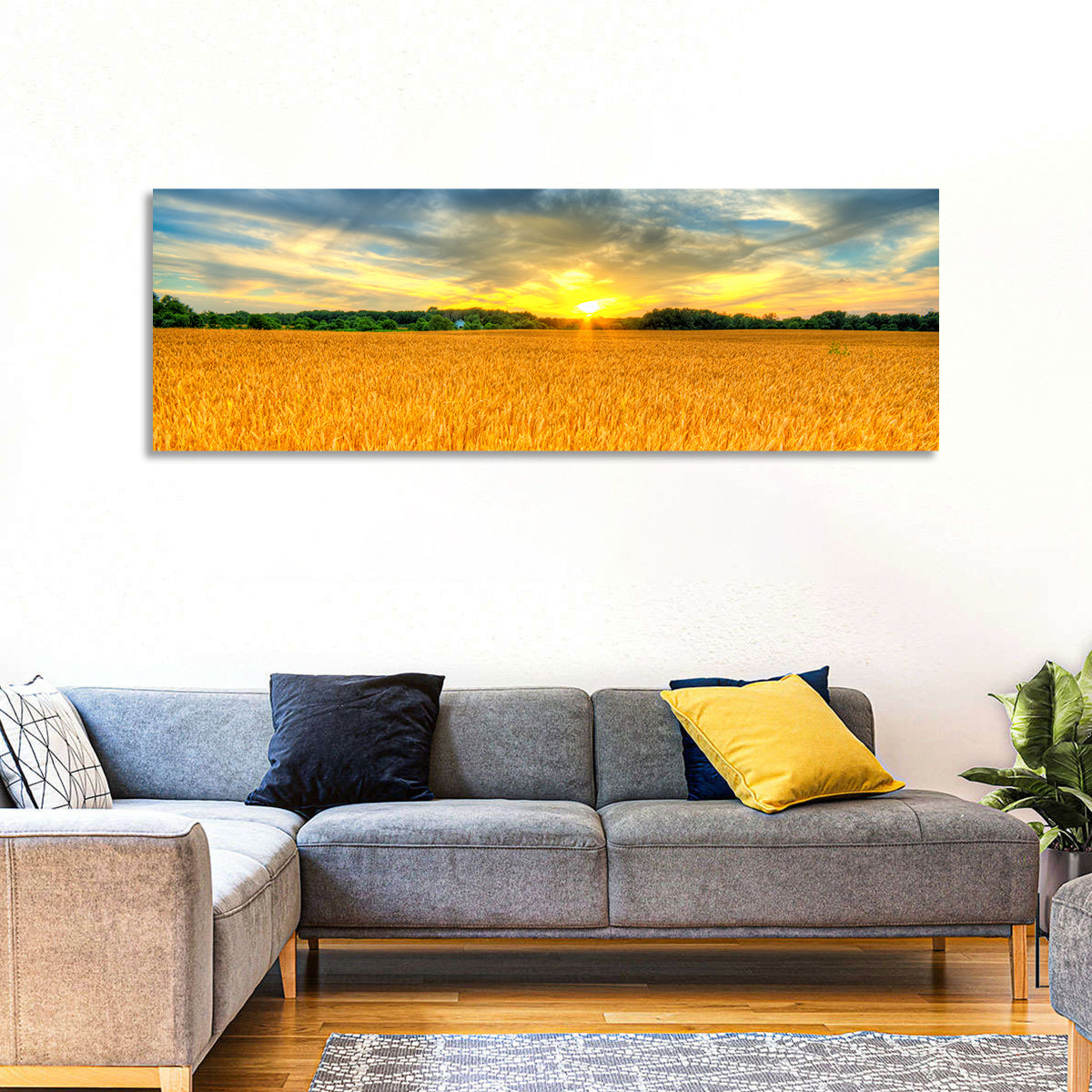 Wheat Field Sunset Wall Art in a room, panoramic