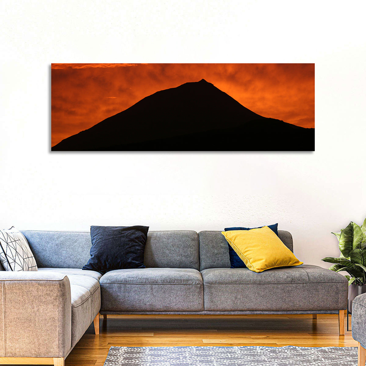 Pico Island Volcano Silhouette at Sunset Wall Art in a room, panoramic