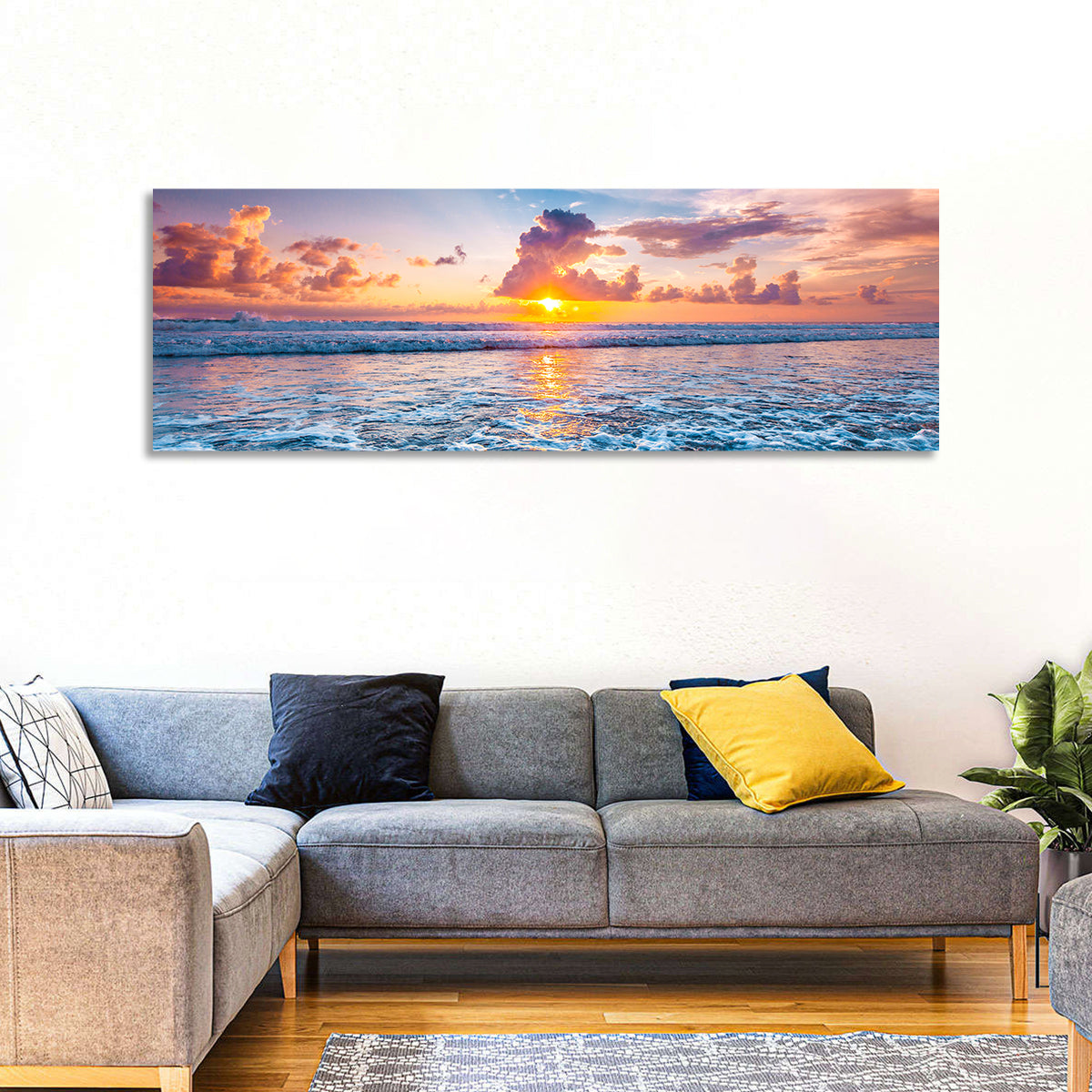 Sunburst Ocean Wave Wall Art in a room, panoramic