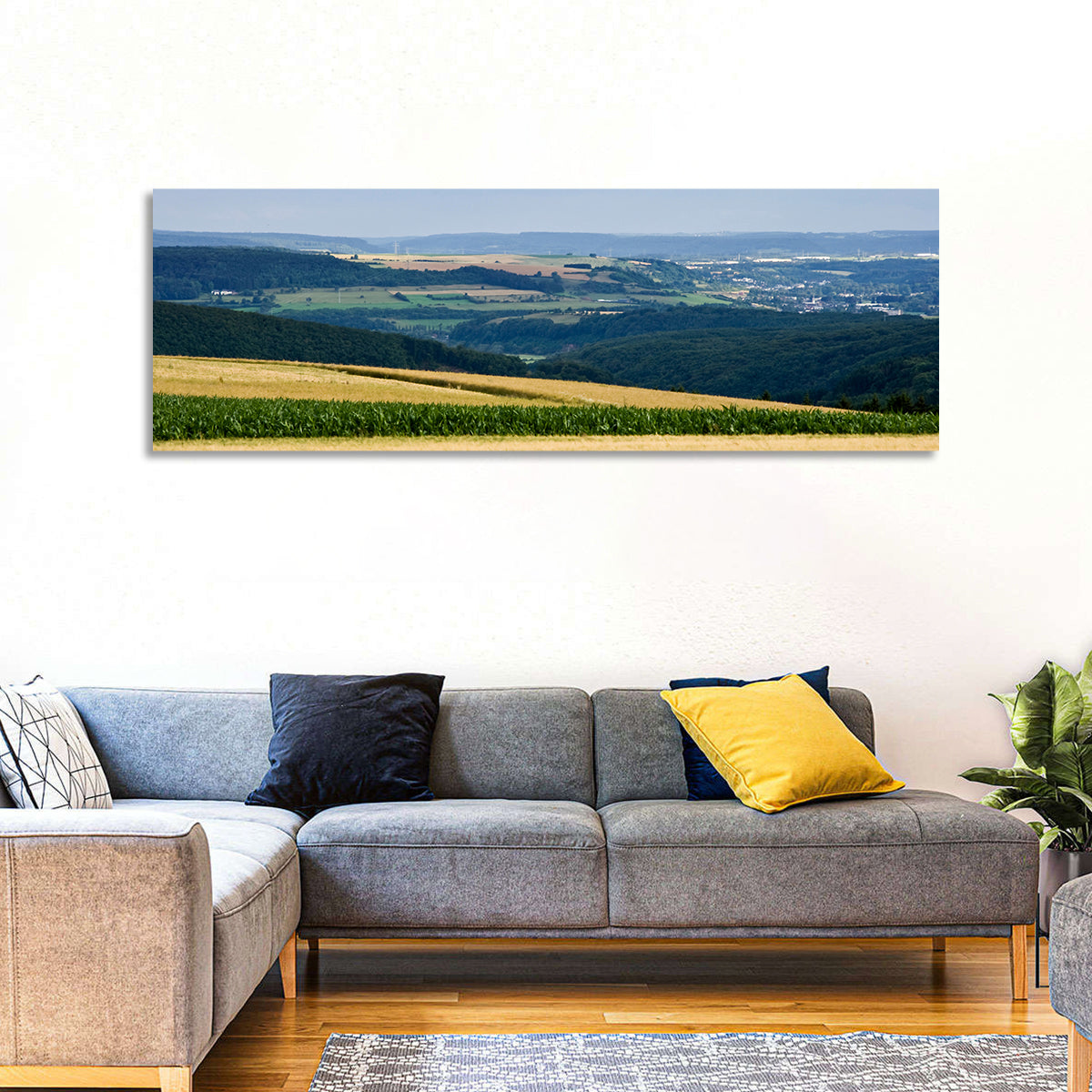 Village Grainfields Wall Art in a room, panoramic