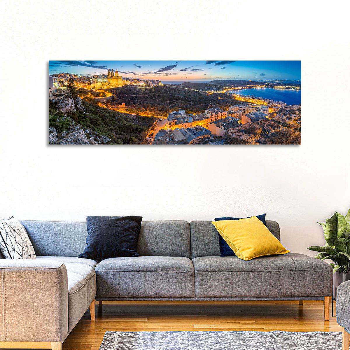 Mellieha Bay at Dusk Wall Art in a room, panoramic