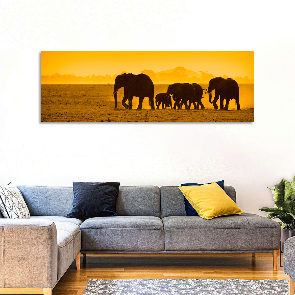 Elephant Family Silhouette Wall Art in a room, panoramic
