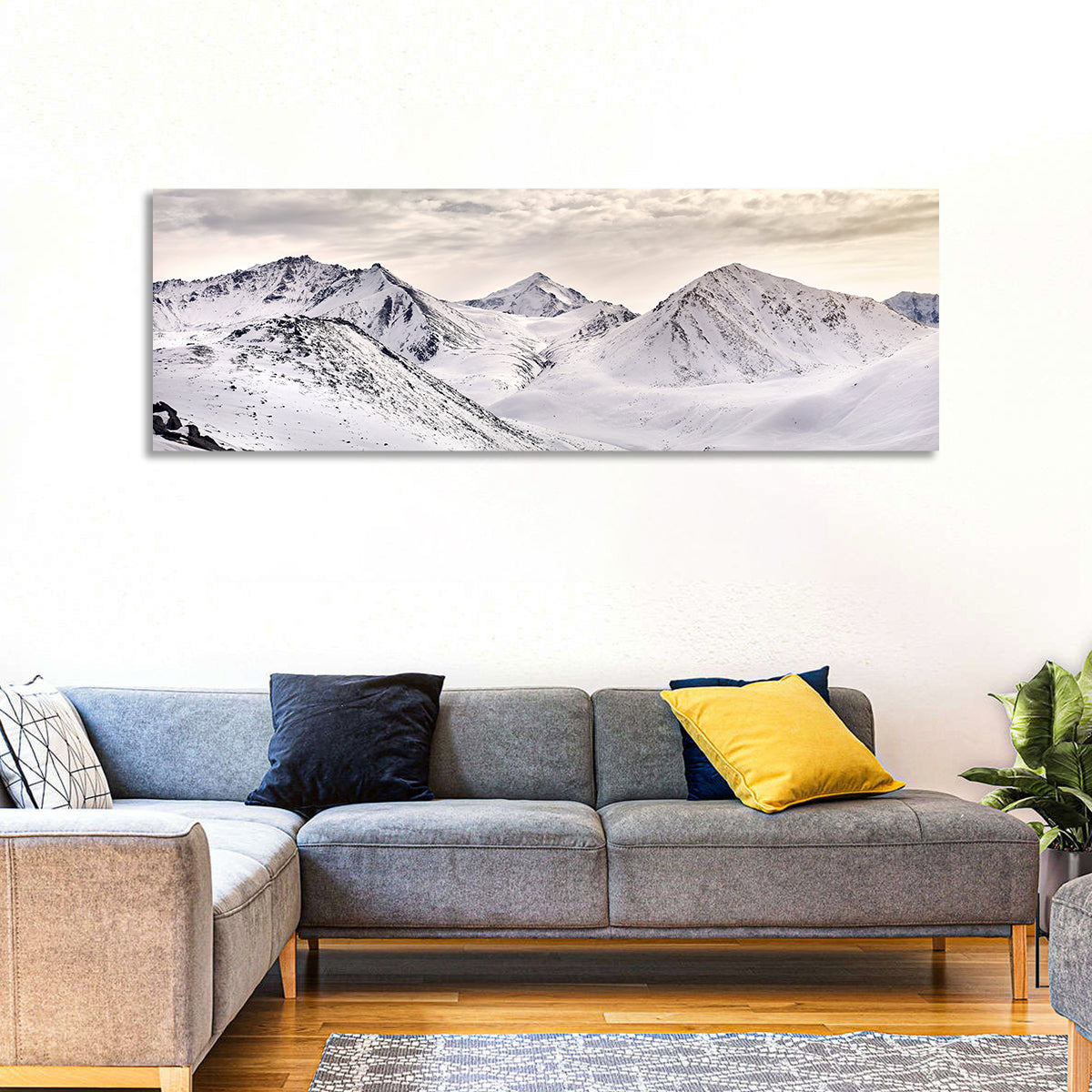 Zaili Alatay Snow Peaks Wall Art in a room, panoramic