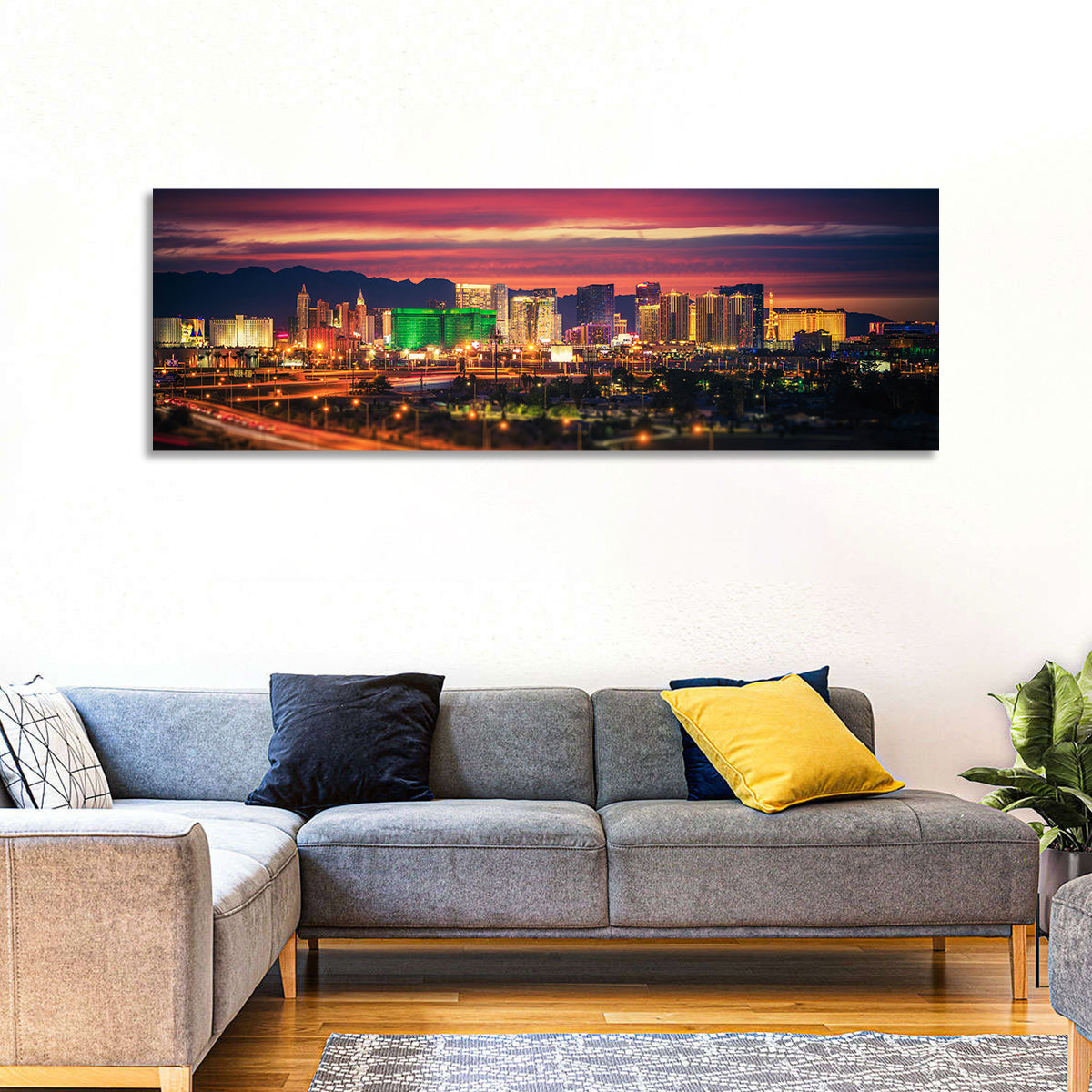 Las Vegas Twilight Skyline Wall Art in a room, panoramic