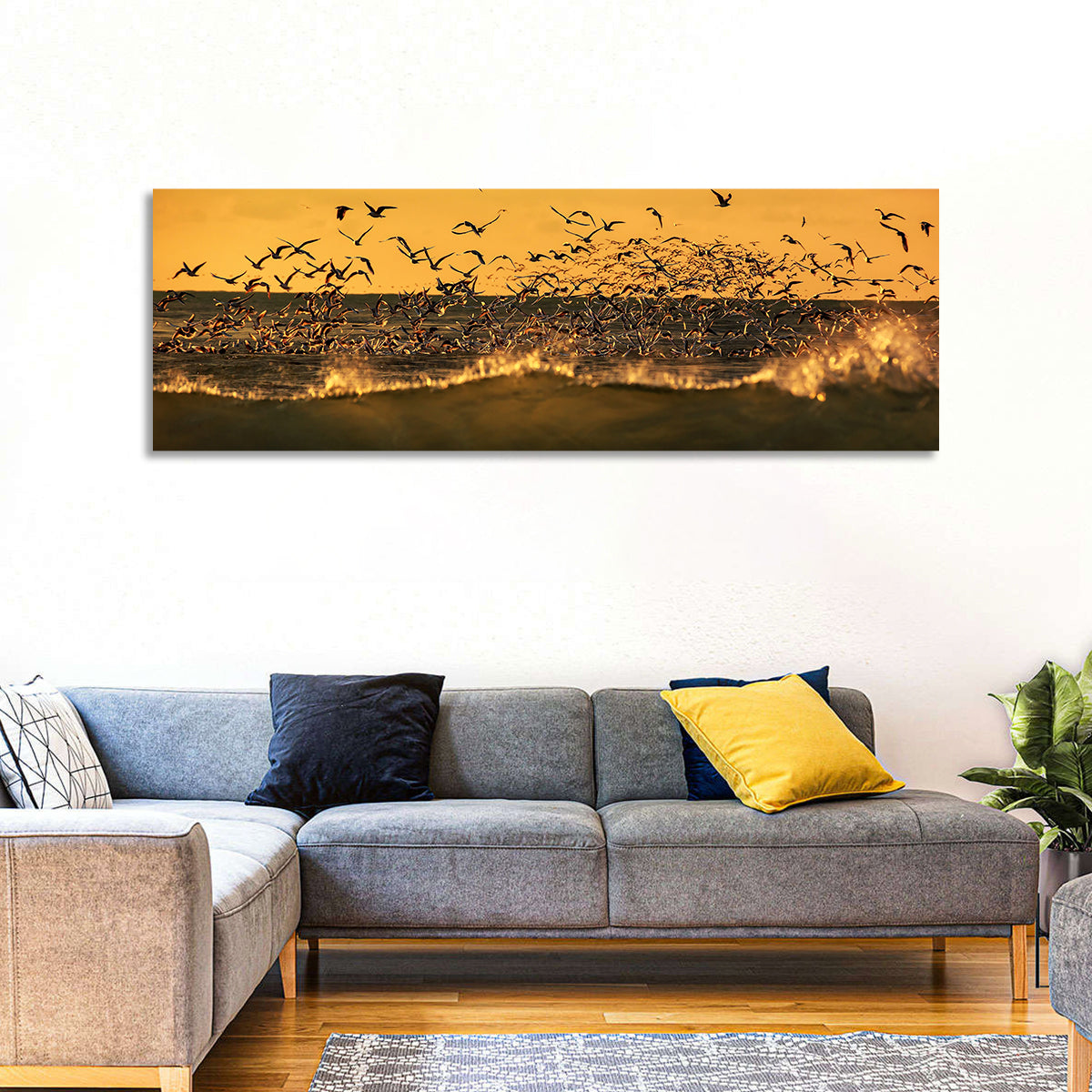 Seagull Flock at Golden Hour Wall Art in a room, panoramic