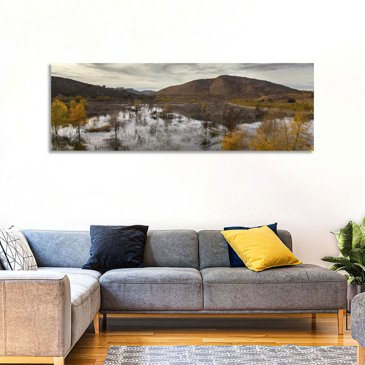 Lake Hodges Autumn Reflection Wall Art in a room, panoramic