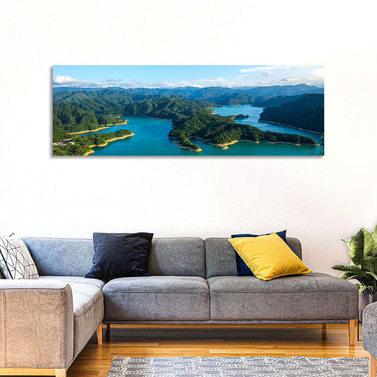 Emerald Qiandao Lake Wall Art in a room, panoramic