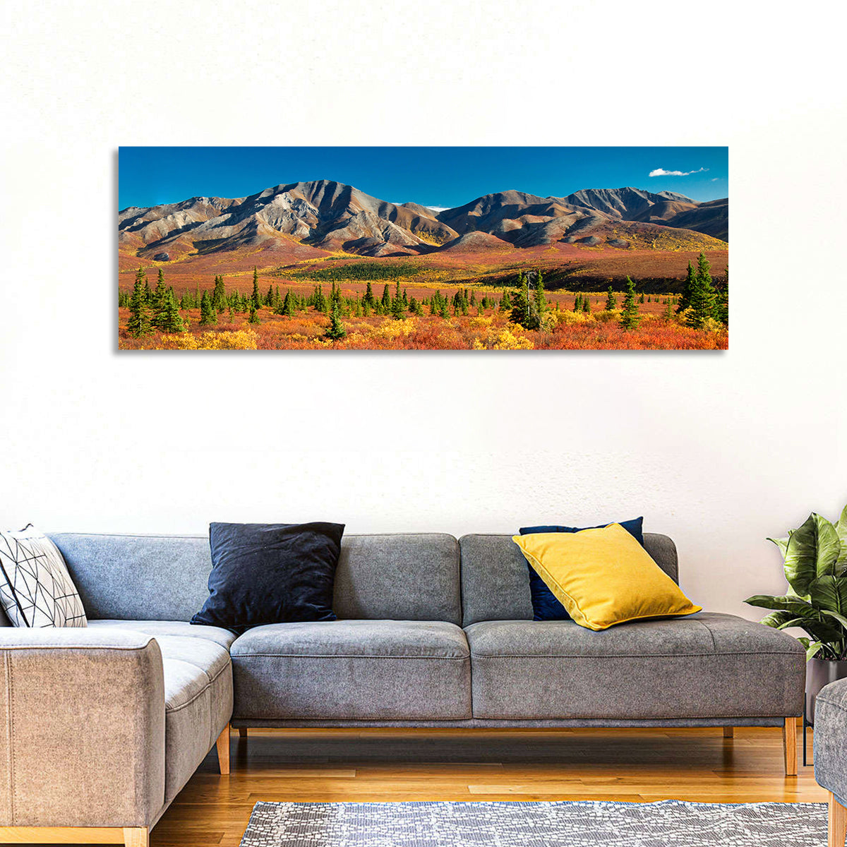 Denali Autumn Peaks Wall Art in a room, panoramic