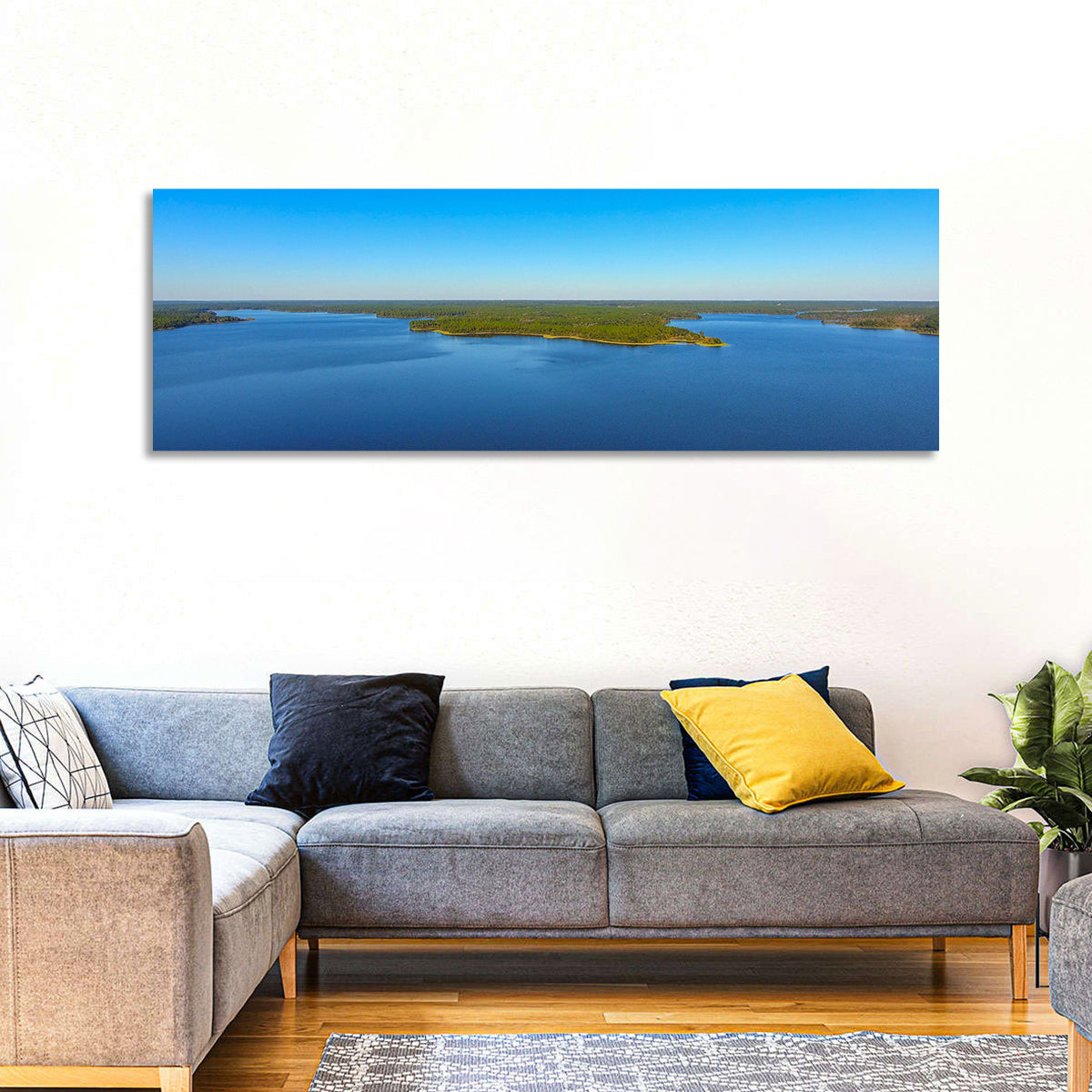 Big Creek Lake Peninsula Wall Art in a room, panoramic