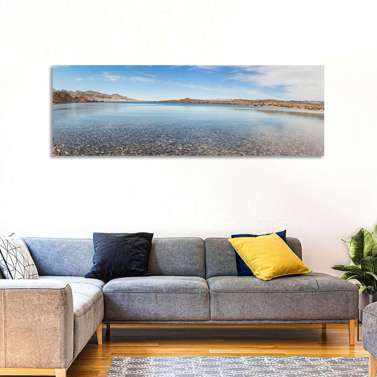 Lake Mohave Shoreline Wall Art in a room, panoramic