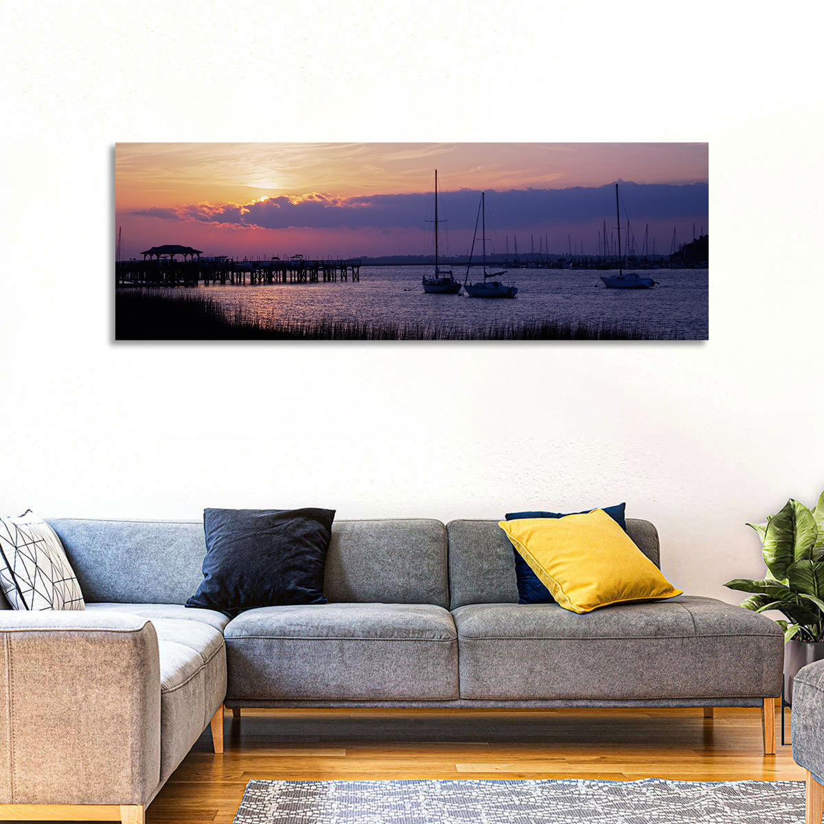 South Carolina Coastal Harbor Wall Art in a room, panoramic