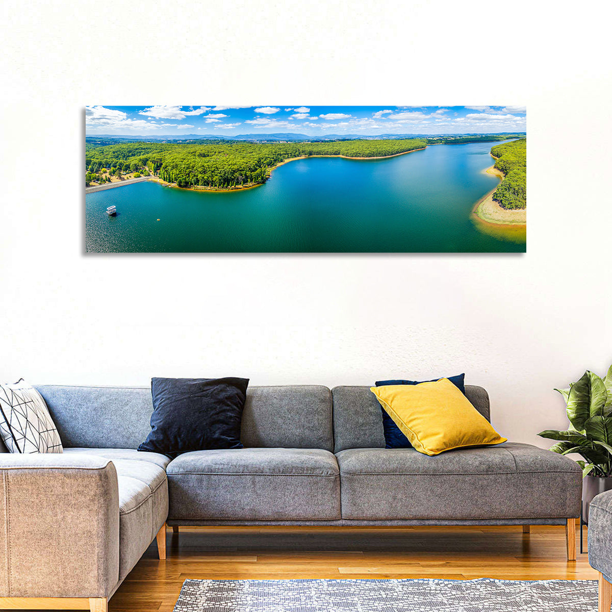 Silvan Reservoir Shoreline Wall Art in a room, panoramic