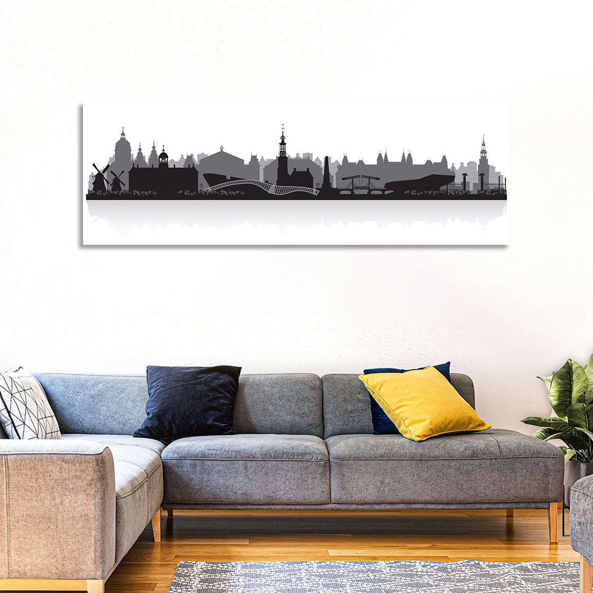 Amsterdam Skyline Silhouette Wall Art in a room, panoramic