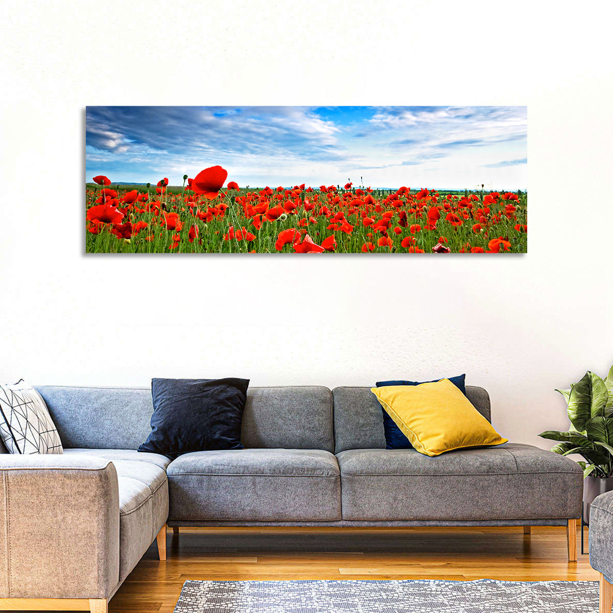 Red Poppy Field Wall Art in a room, panoramic