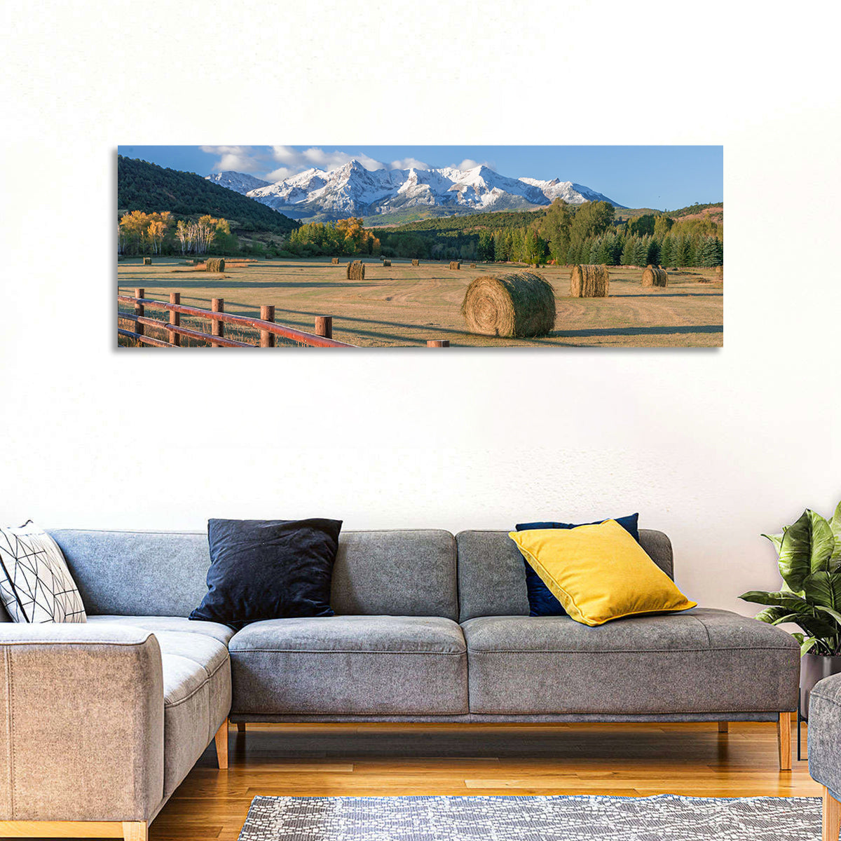 Colorado Hay Bales Wall Art in a room, panoramic