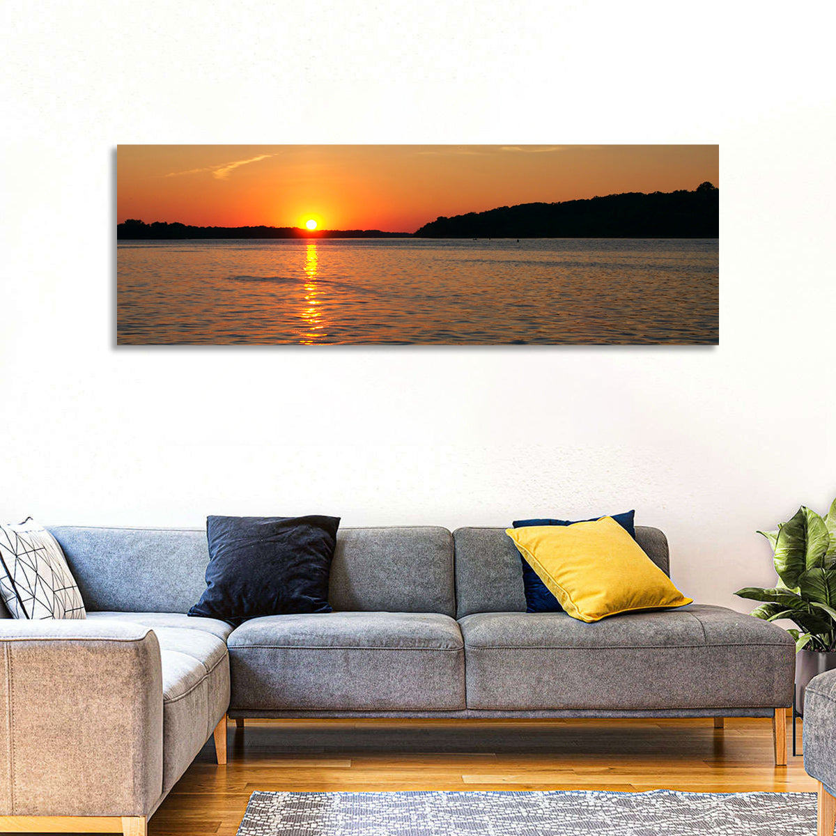 Mississippi River Sunset Wall Art in a room, panoramic