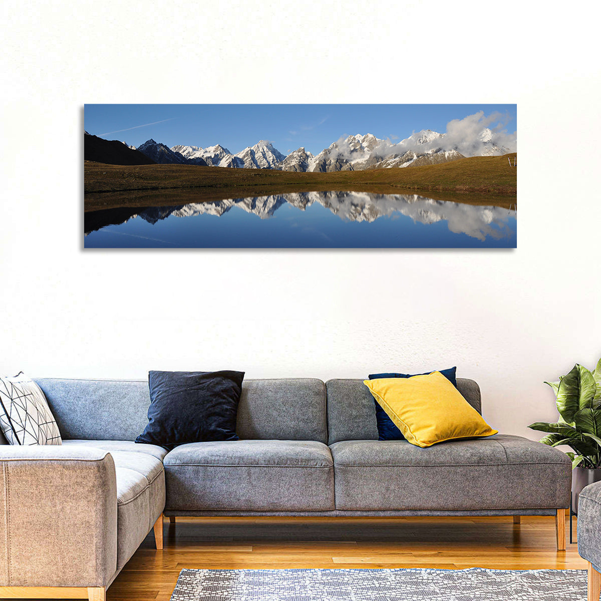 Svaneti Lake Reflection Wall Art in a room, panoramic