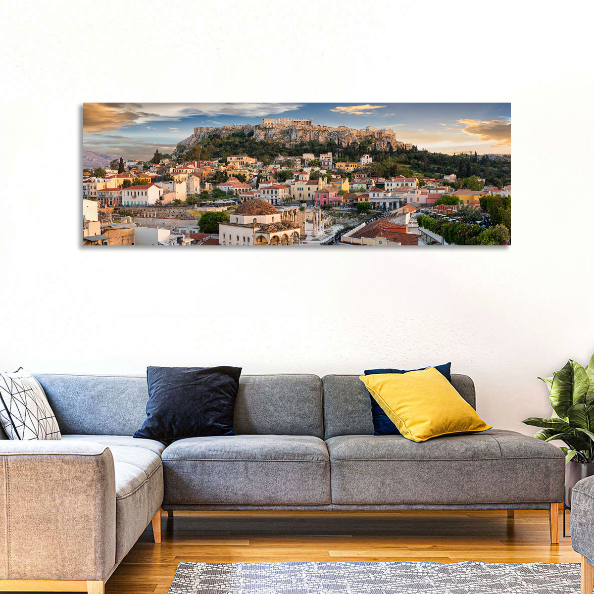 Acropolis and Parthenon Over Athens at Golden Hour Wall Art in a room, panoramic