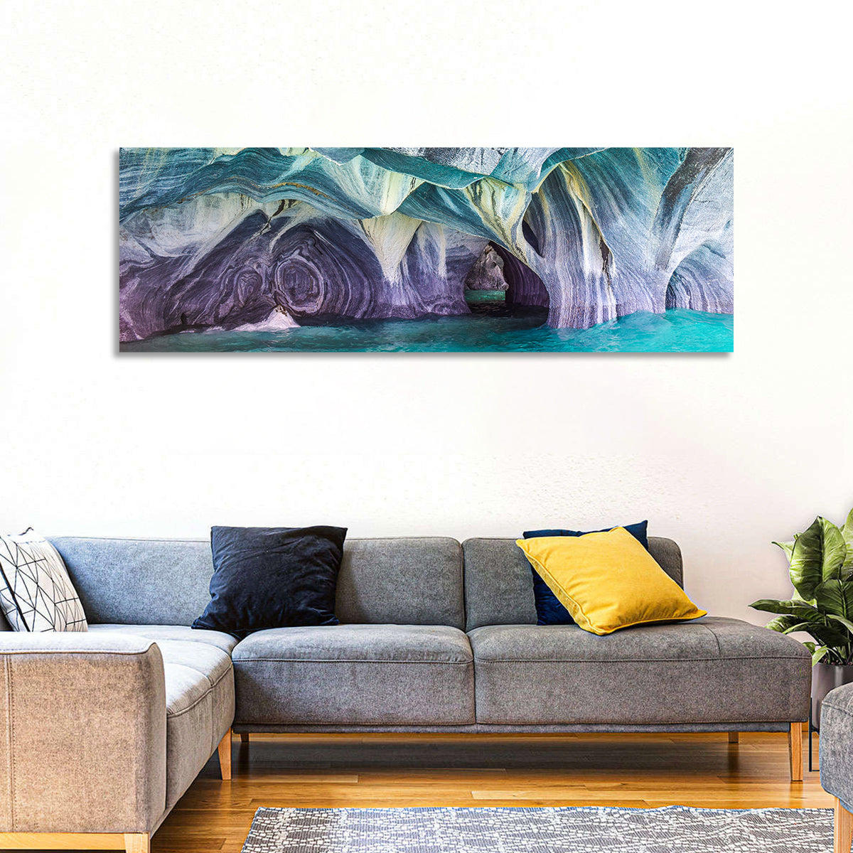Marble Caves of Lake General Carrera Wall Art in a room, panoramic