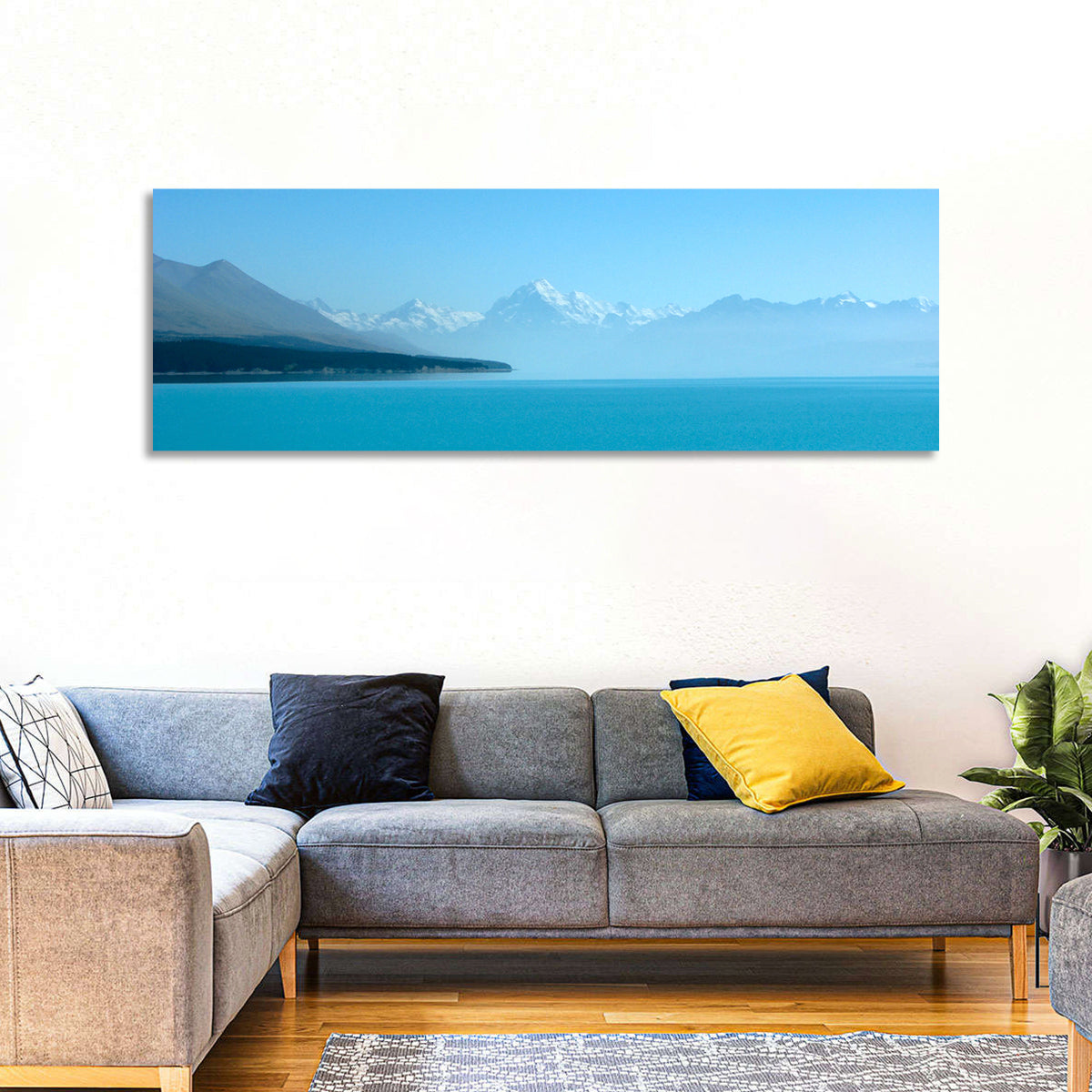 Turquoise Lake Pukaki View of Mount Cook Wall Art in a room, panoramic