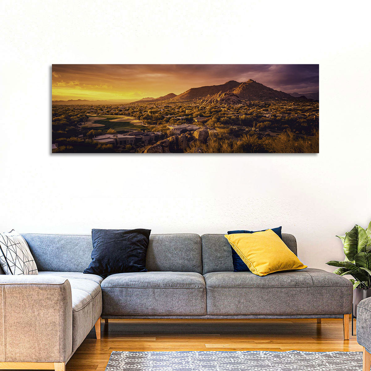 Scottsdale Desert Sunset Wall Art in a room, panoramic