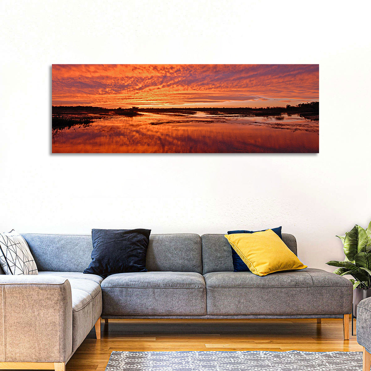 Louisiana Wetland Sunset Wall Art in a room, panoramic