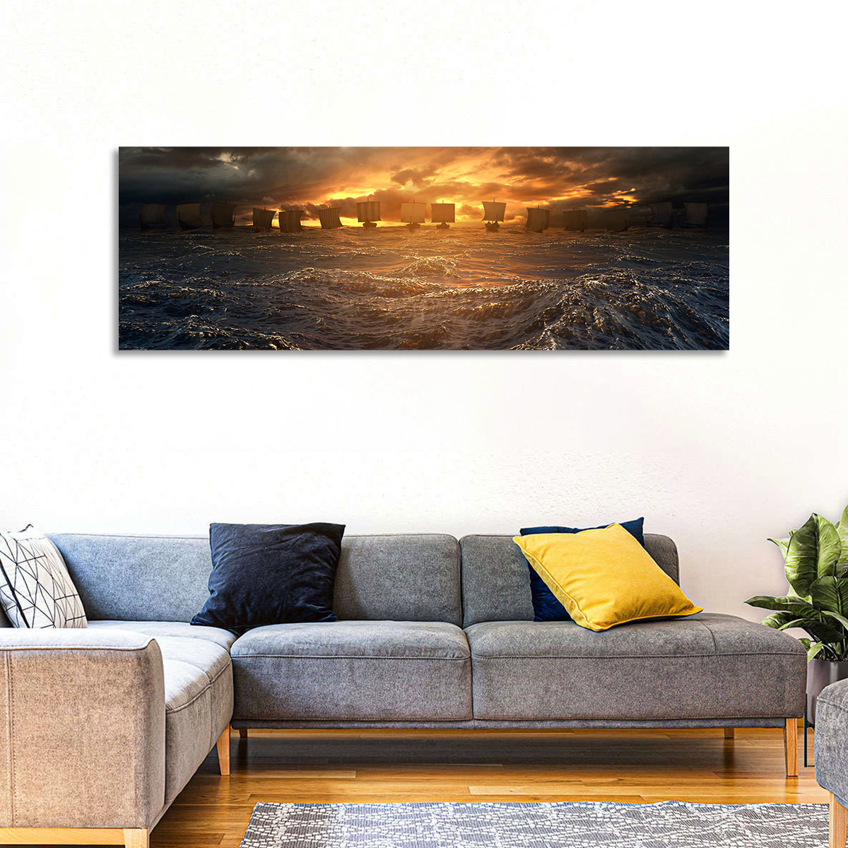 Viking Longships at Sunset Wall Art in a room, panoramic