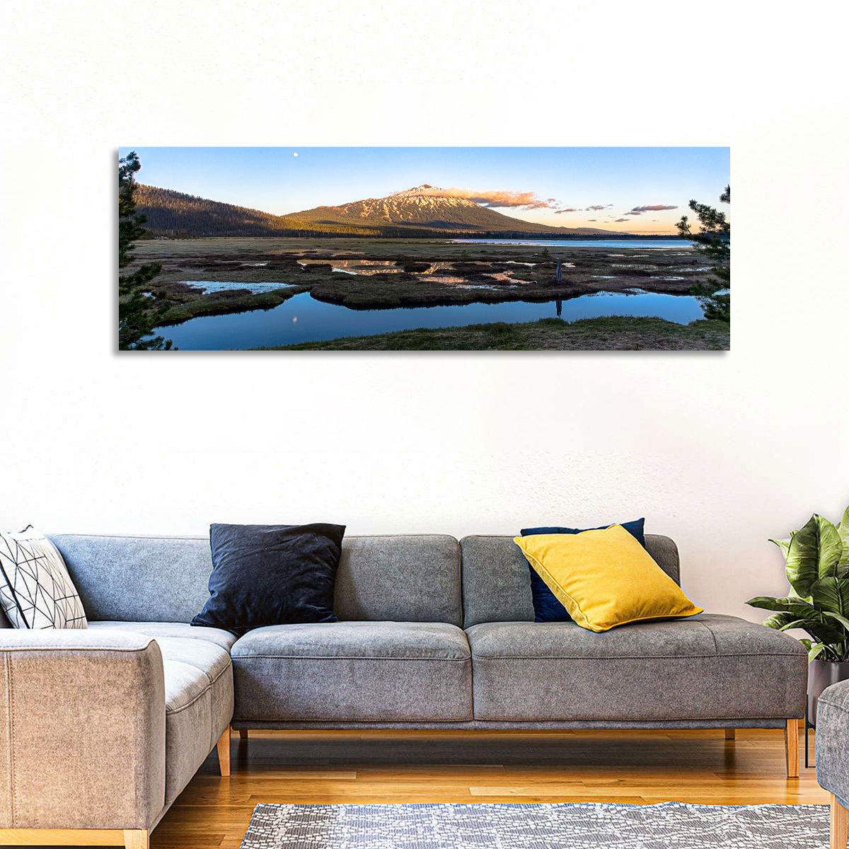 Mount Bachelor Moonlit Sunset Wall Art in a room, panoramic