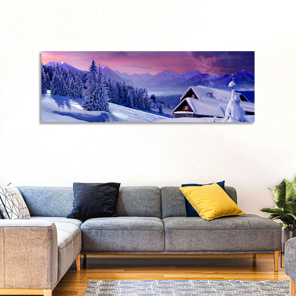 Snowy Mountain Cabin Wall Art in a room, panoramic