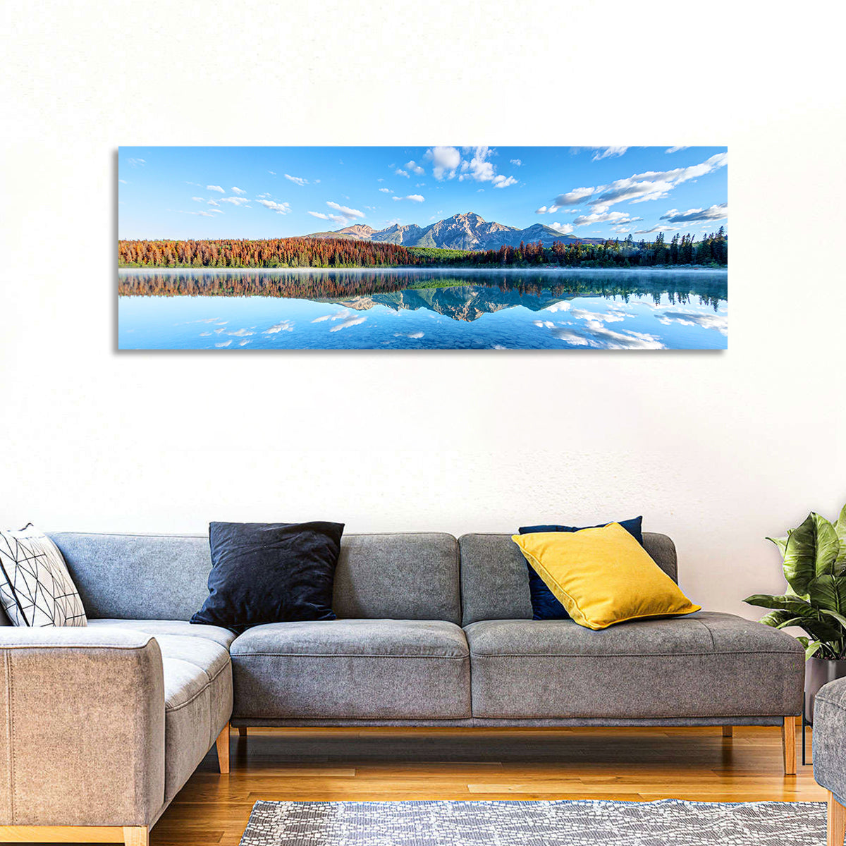 Patricia Lake Autumn Reflection Wall Art in a room, panoramic