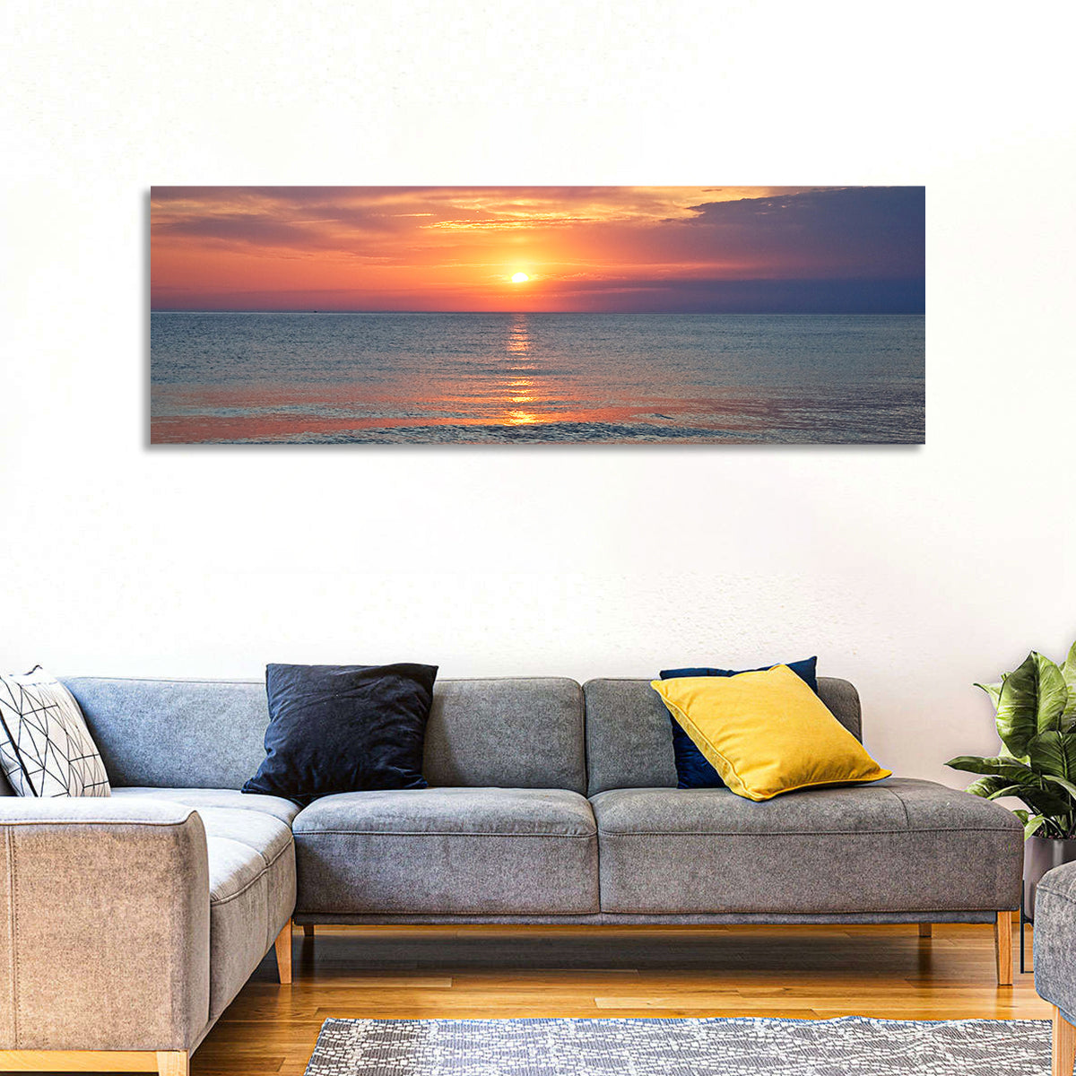 Lake Michigan Sunset Reflection Wall Art in a room, panoramic