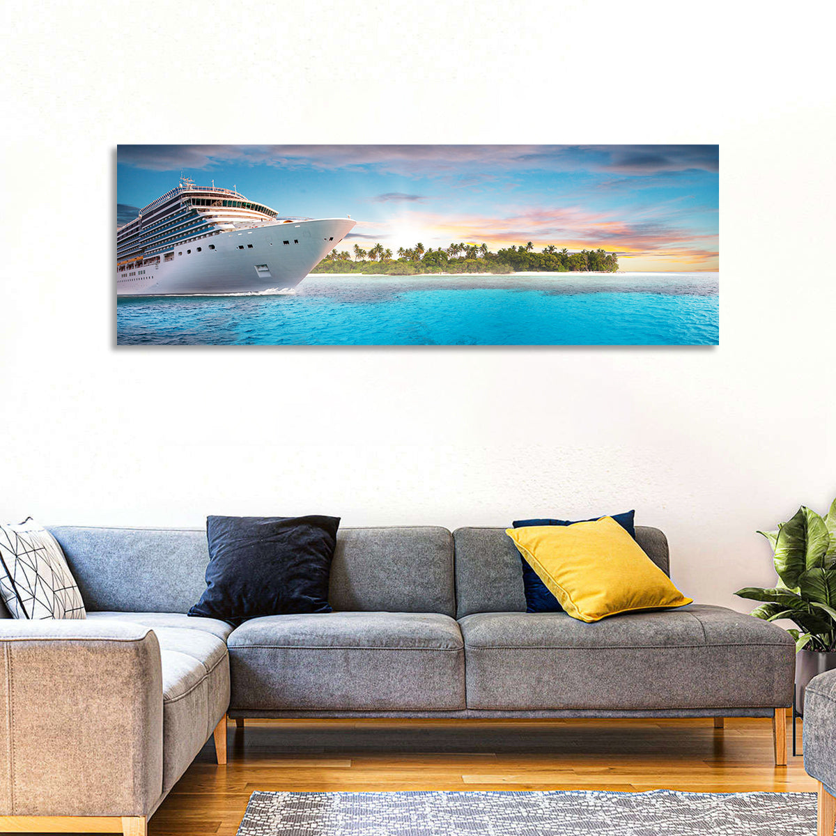 Cruise Ship at Tropical Sunset Wall Art in a room, panoramic