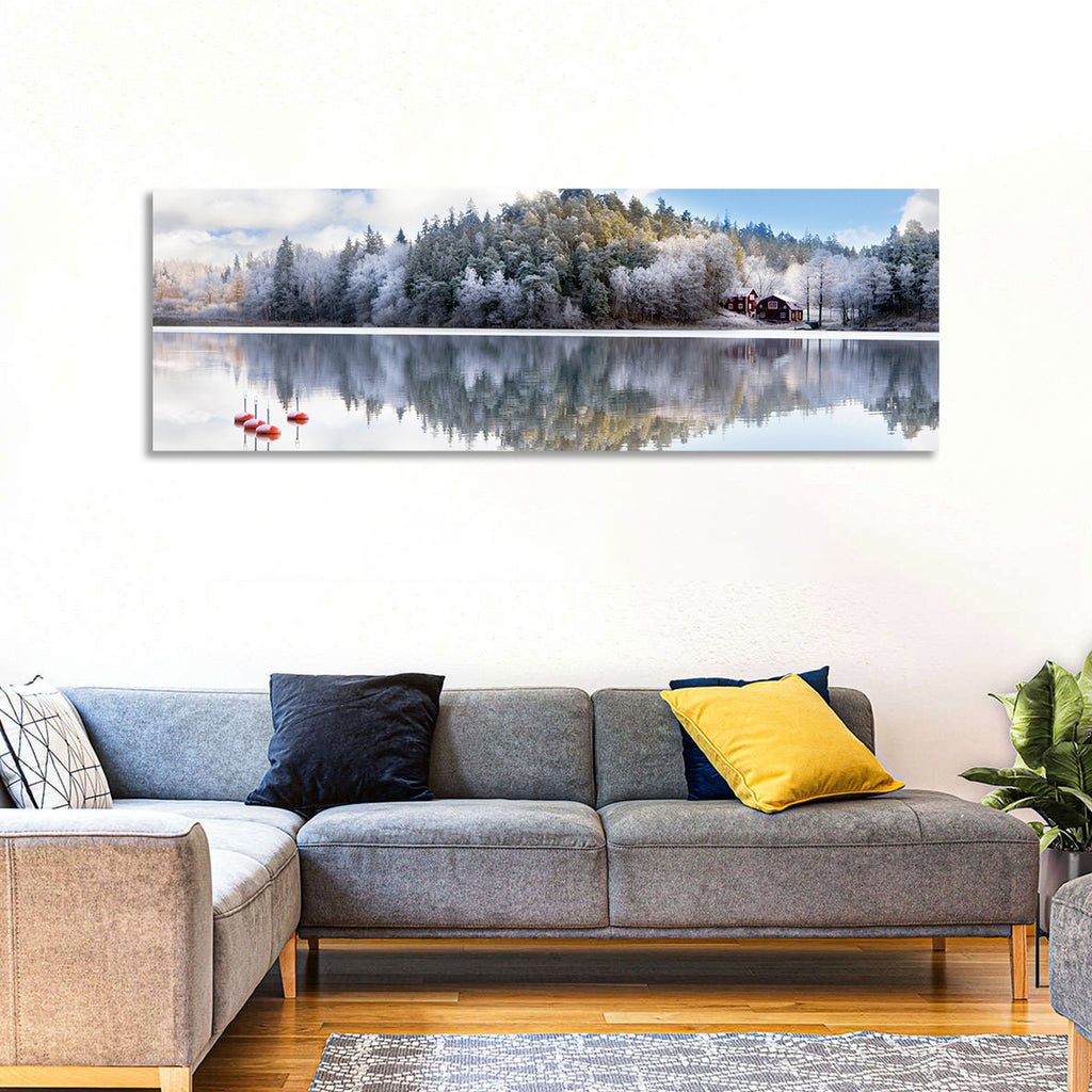 Red Cottages on Winter Lake Wall Art