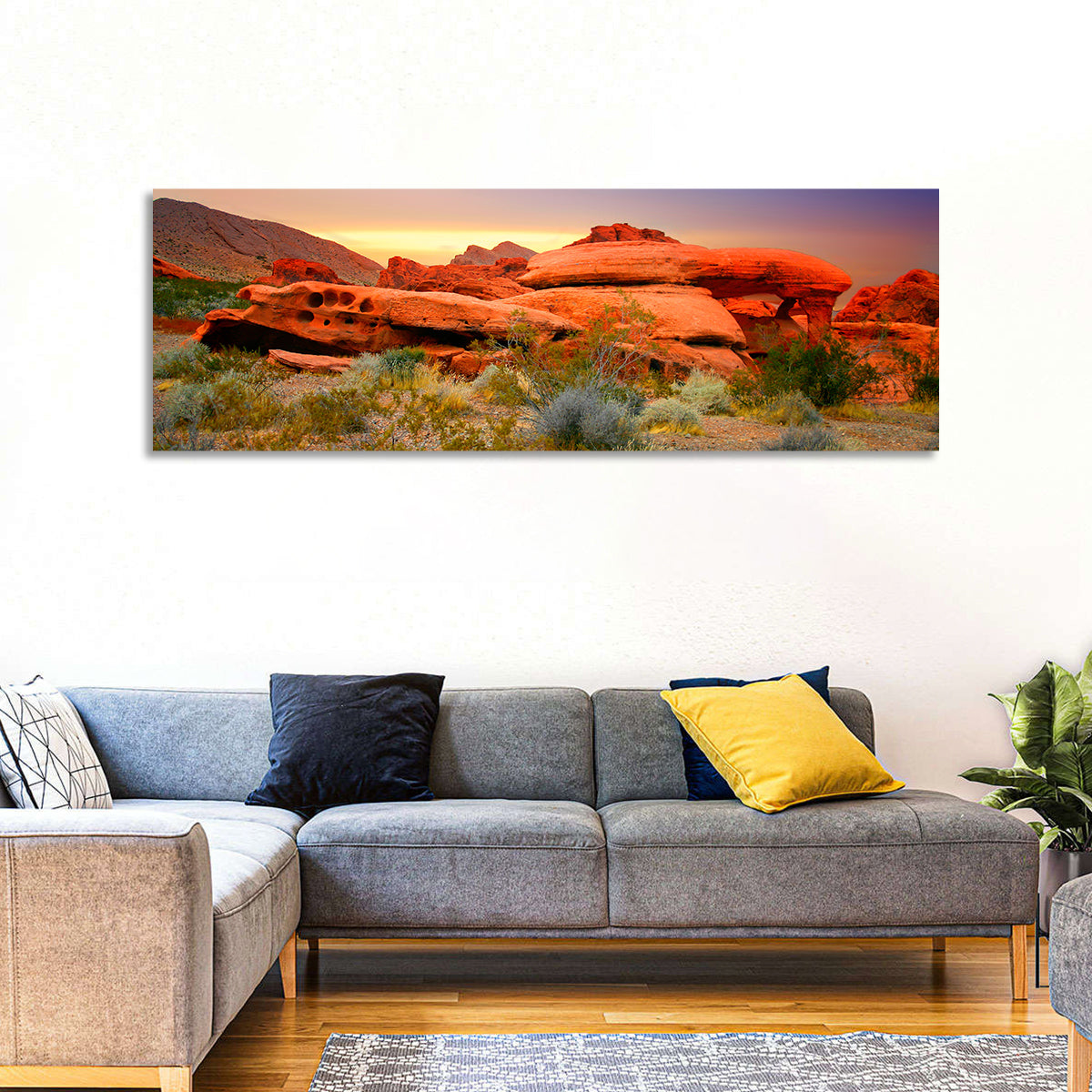 Red Rock Canyon Sunset Wall Art in a room, panoramic