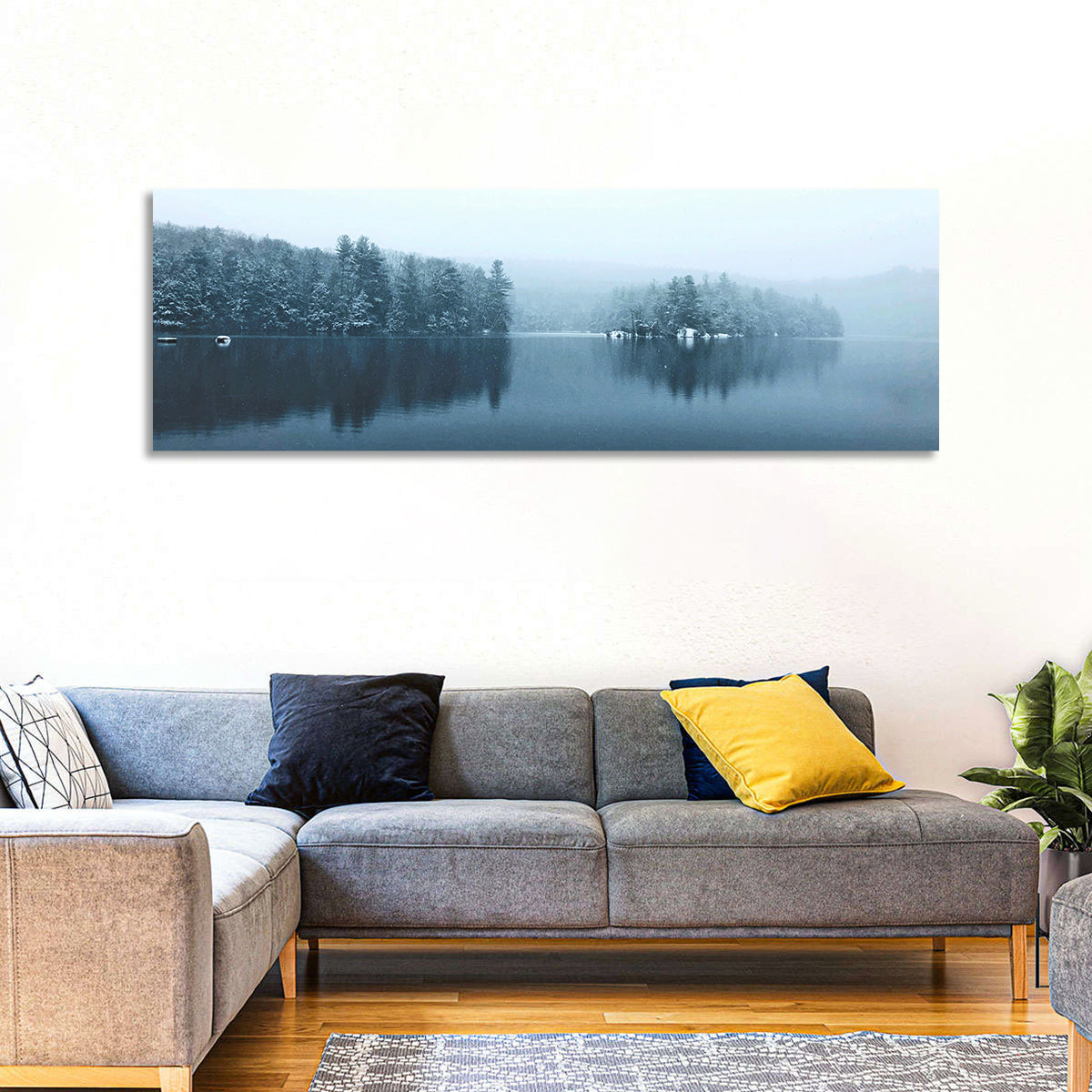 Burr Pond Winter Reflection Wall Art in a room, panoramic