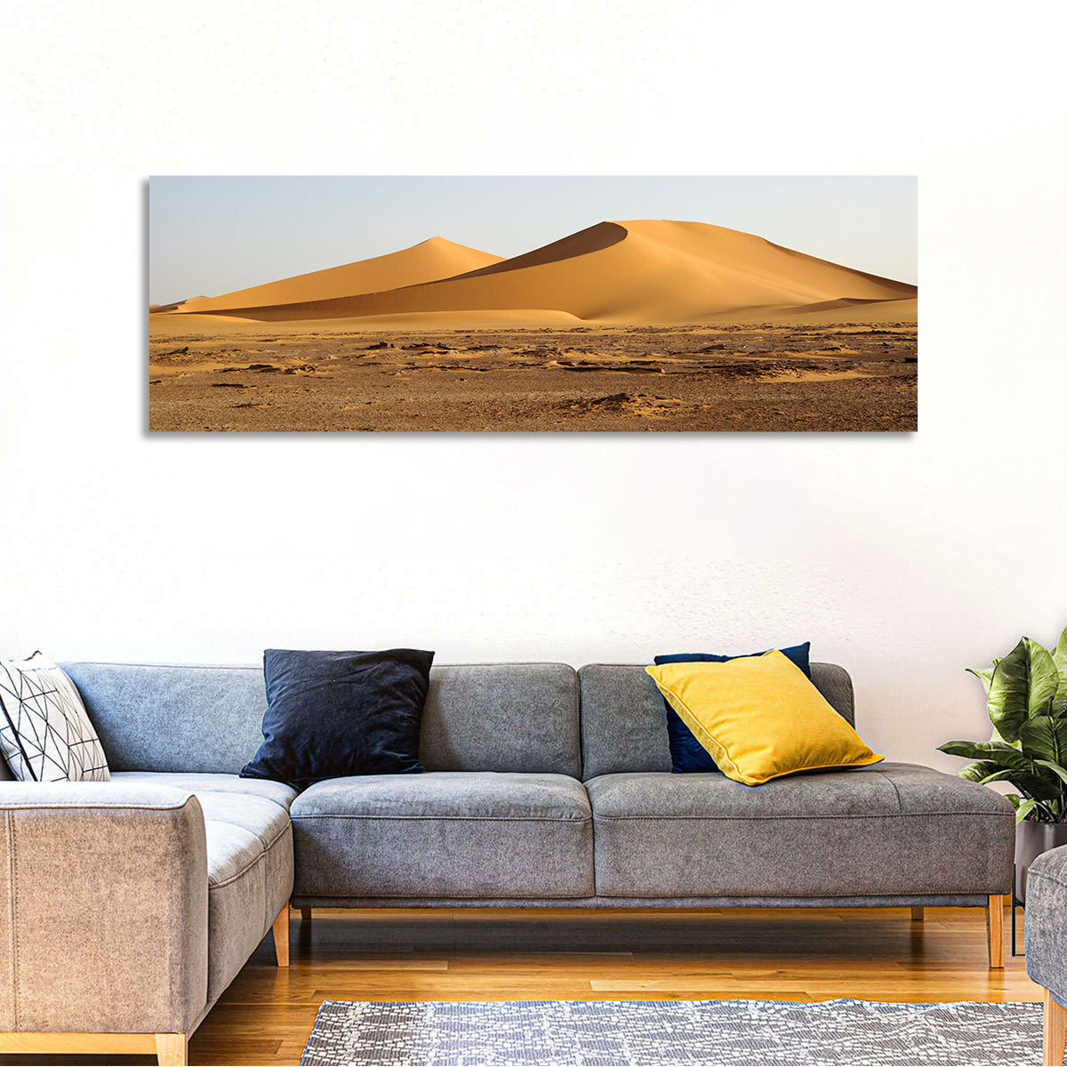 Golden Hour Desert Dunes Wall Art in a room, panoramic