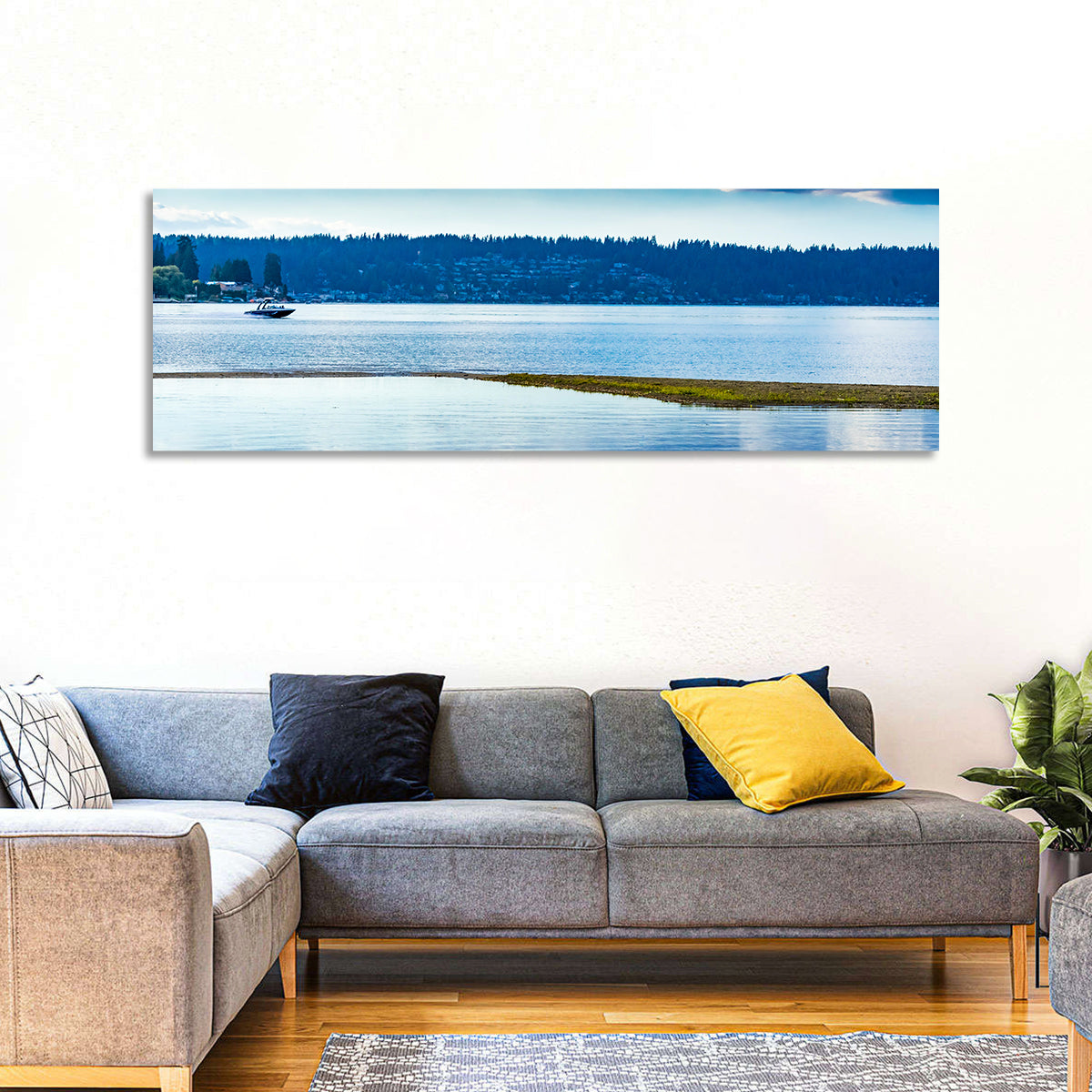 Lake Sammamish Reflection Wall Art in a room, panoramic
