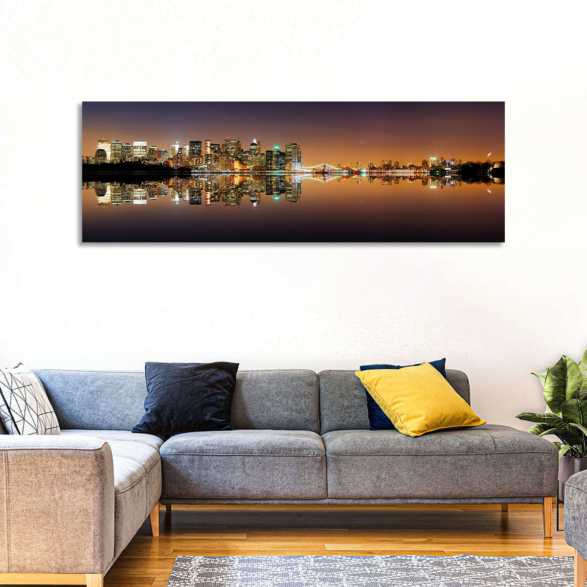 Manhattan Twilight Reflection Wall Art in a room, panoramic