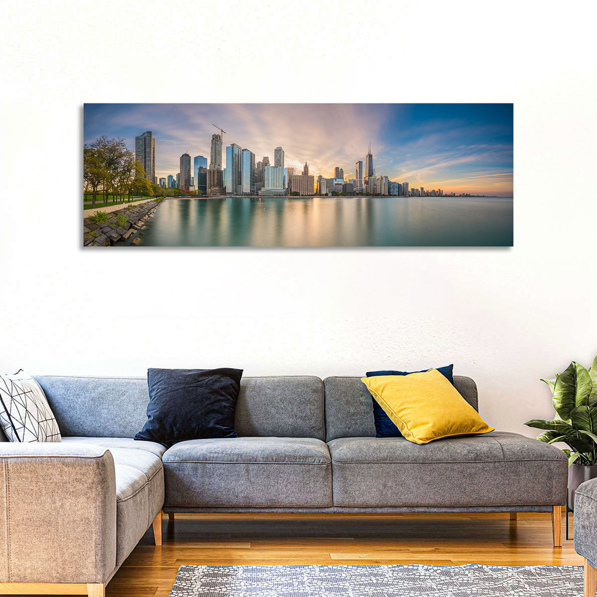 Chicago Skyline at Golden Hour Wall Art in a room, panoramic